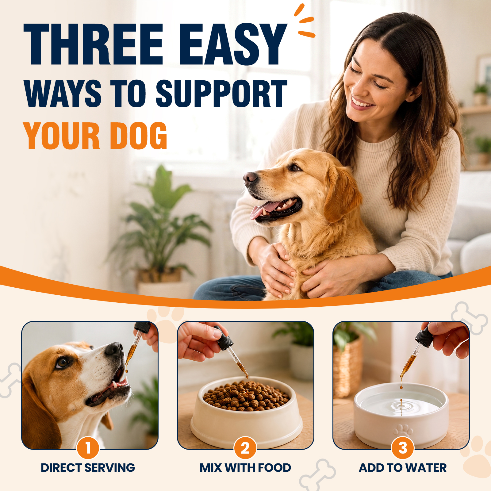 Three ways to give MNQAXZ collagen drops: directly, mixed with food, or added to water