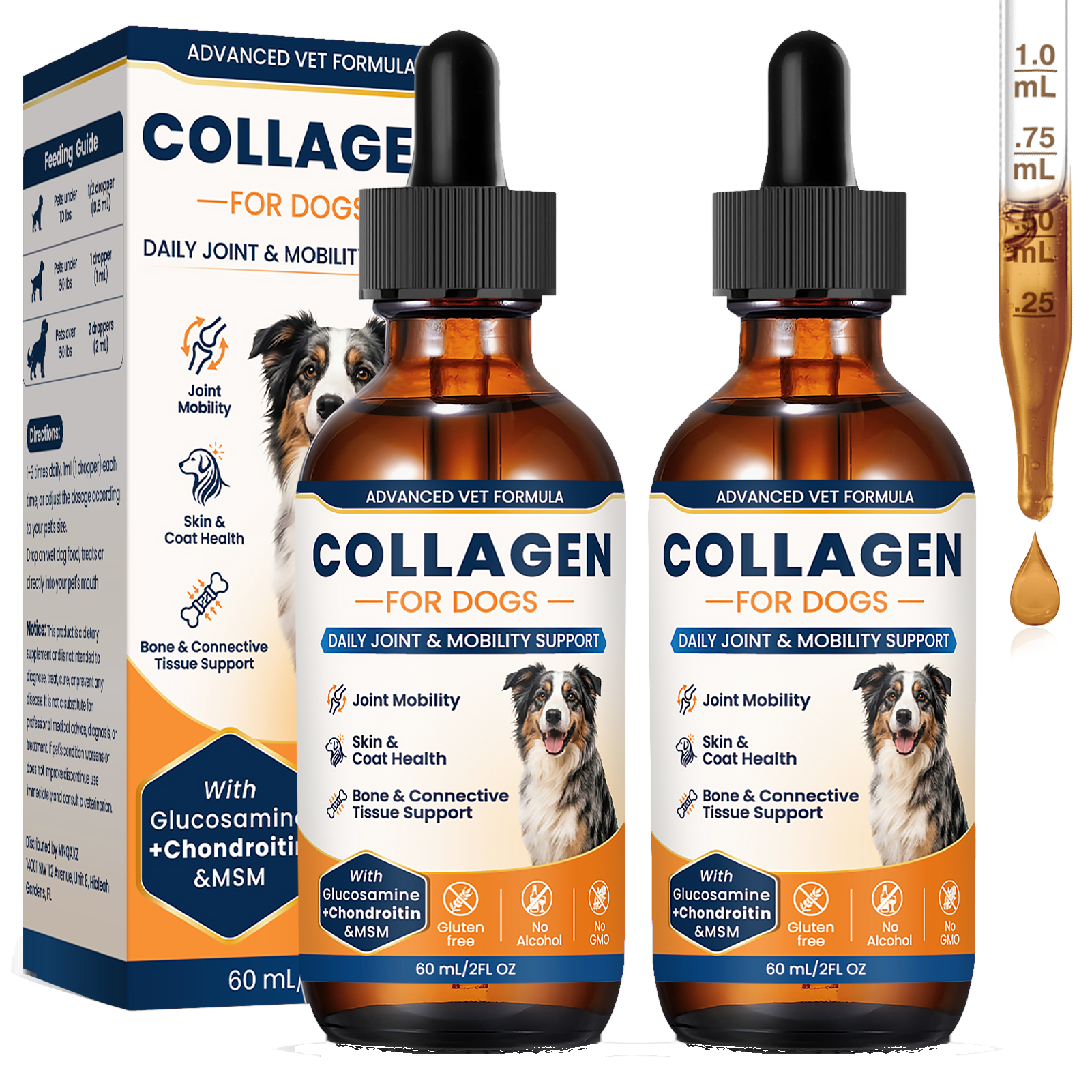 MNQAXZ Collagen for Dogs liquid supplement with two 60 mL dropper bottles, carton, and graduated dropper